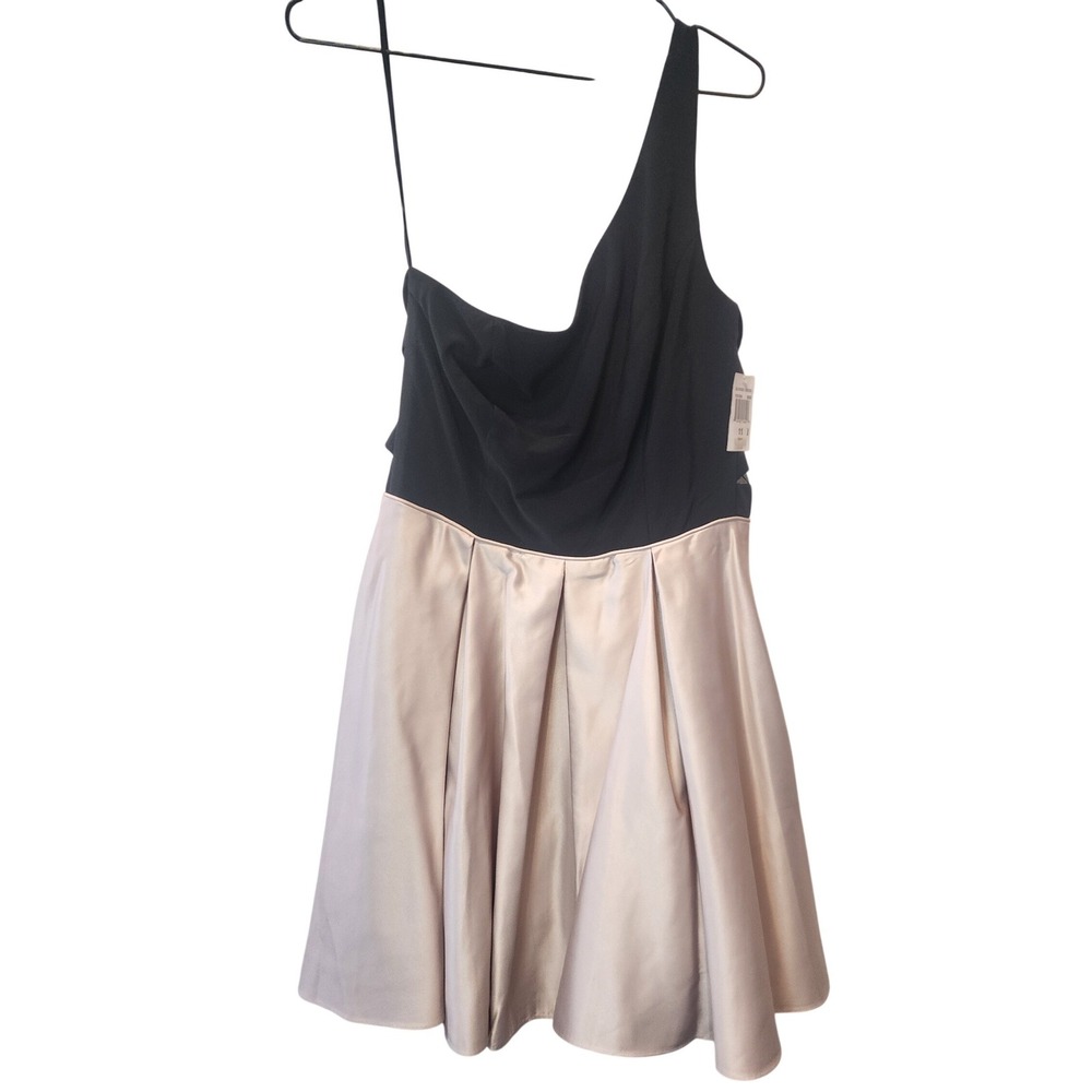 Blondie Nites One Shoulder Cocktail Dress‎ Black Champagne Satin Teens 11 NWT